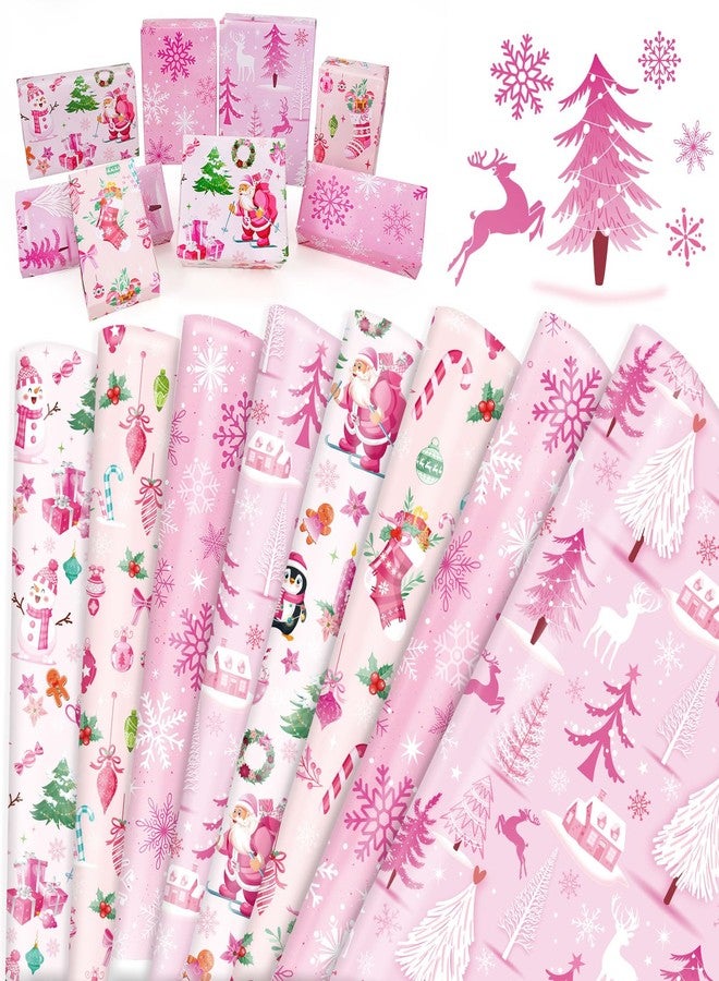 HOWAF Christmas Wrapping Paper, Wrapping Paper Christmas, Pink Xmas Wrapping Papers Folded Flat DIY Craft for Xmas Presents, Birthday, Xmas Gifts 8 Sheets - Image 1